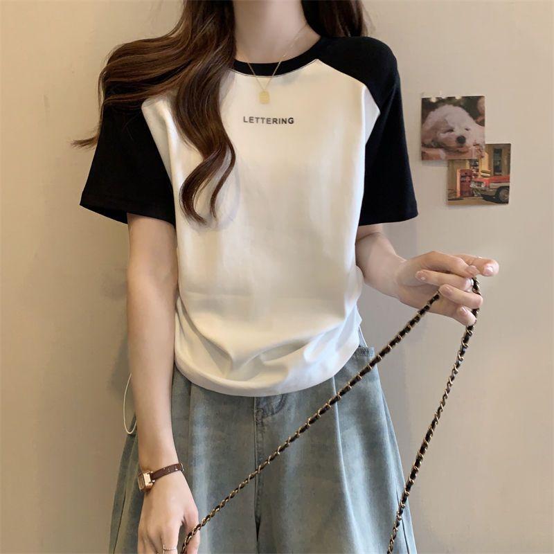 Tričko s krátkým rukávem Dámské Vintage Harajuku Šedý svetr Mikiny Tenký top s kulatým výstřihem Retro Patchworková trička