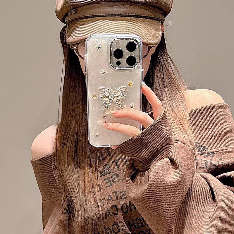 Rhinestone Butterfly for Apple 17 Promax Mobile Phone Case for IPhone 15 Plus Chain 15 Light Luxury