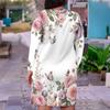 Women Plus Size V Neck Long Sleeve Teal Floral Printed Fitted Straight Dress