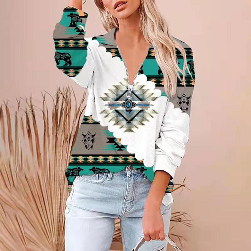 Ladies Casual Ethnic Print Fashion Large Size V-neck Zipper Long-sleeved Blouse