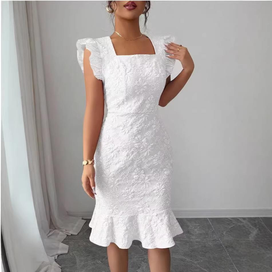 French elegant white lace dress with lining, square neck ruffle edge hip wrap fishtail skirt XS белый