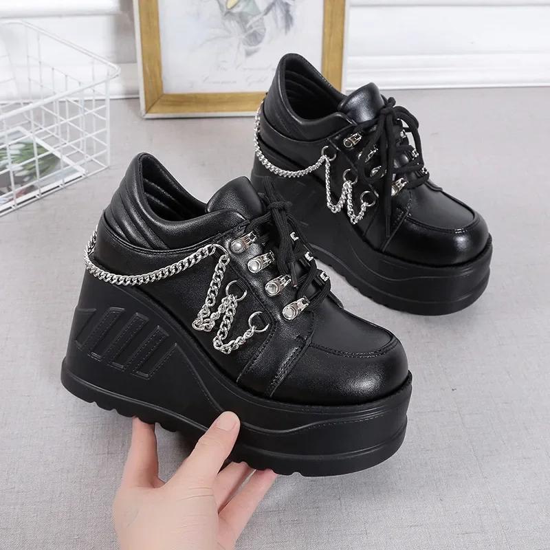 Fashion Punk Style Thick Heel Women's Single Shoes Leather Material Increased Height 9cm Large round Head High Heel Summer Shoes