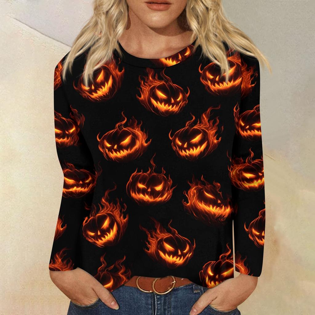 Women's Fashion Casual Long Sleeve Halloween Print Round Neck Top