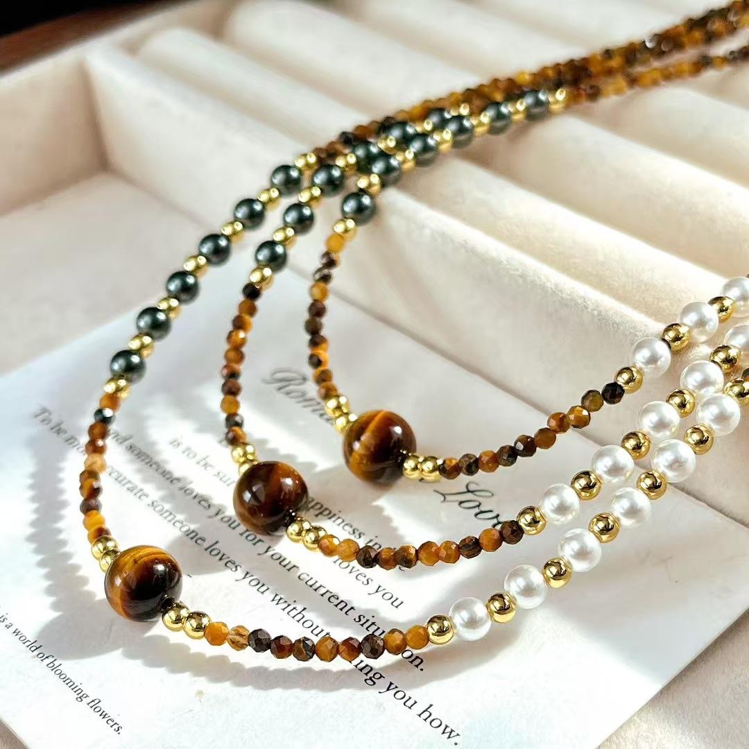 Vintage Strong Light High Quality Natural Tiger S Eye Stone Artificial Crystal Pearl Necklace Collarbone Chain