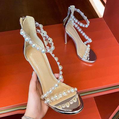 Pearl Transparent Sandals Women's 2025 New Summer Versatile Rear Zipper Star with the Same Stiletto One-word Strap High Heels