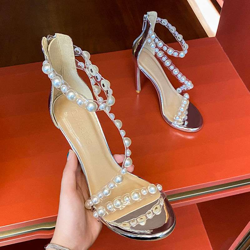Pearl transparent sandals women's 2025 new summer versatile rear zipper star with the same stiletto one-word strap high heels