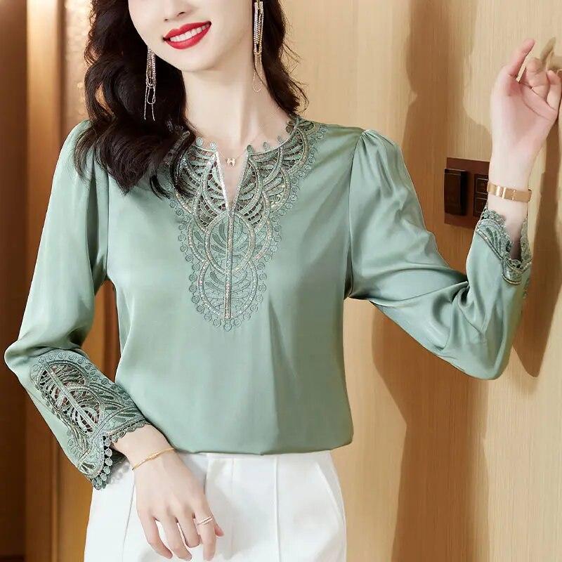 Košile ženskost vyšívaná jaro a podzim 2023 nová móda těžká váha imitace moruše hedvábná halenka s výstřihem do V dámská