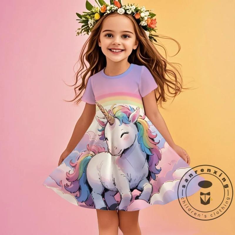 3D Printed Unicorn Short Sleeved Dress Cute Girls' Clothing Children's Party Wear Daily Princess Dress Skin Friendly Breath