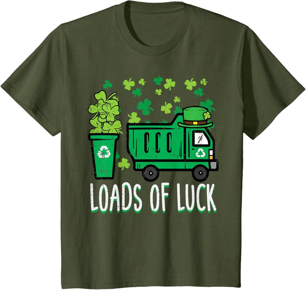Garbage Truck Loads Of Luck St Patricks Day Graphic Tee Recycle Theme Short Sleeve T-Shirt