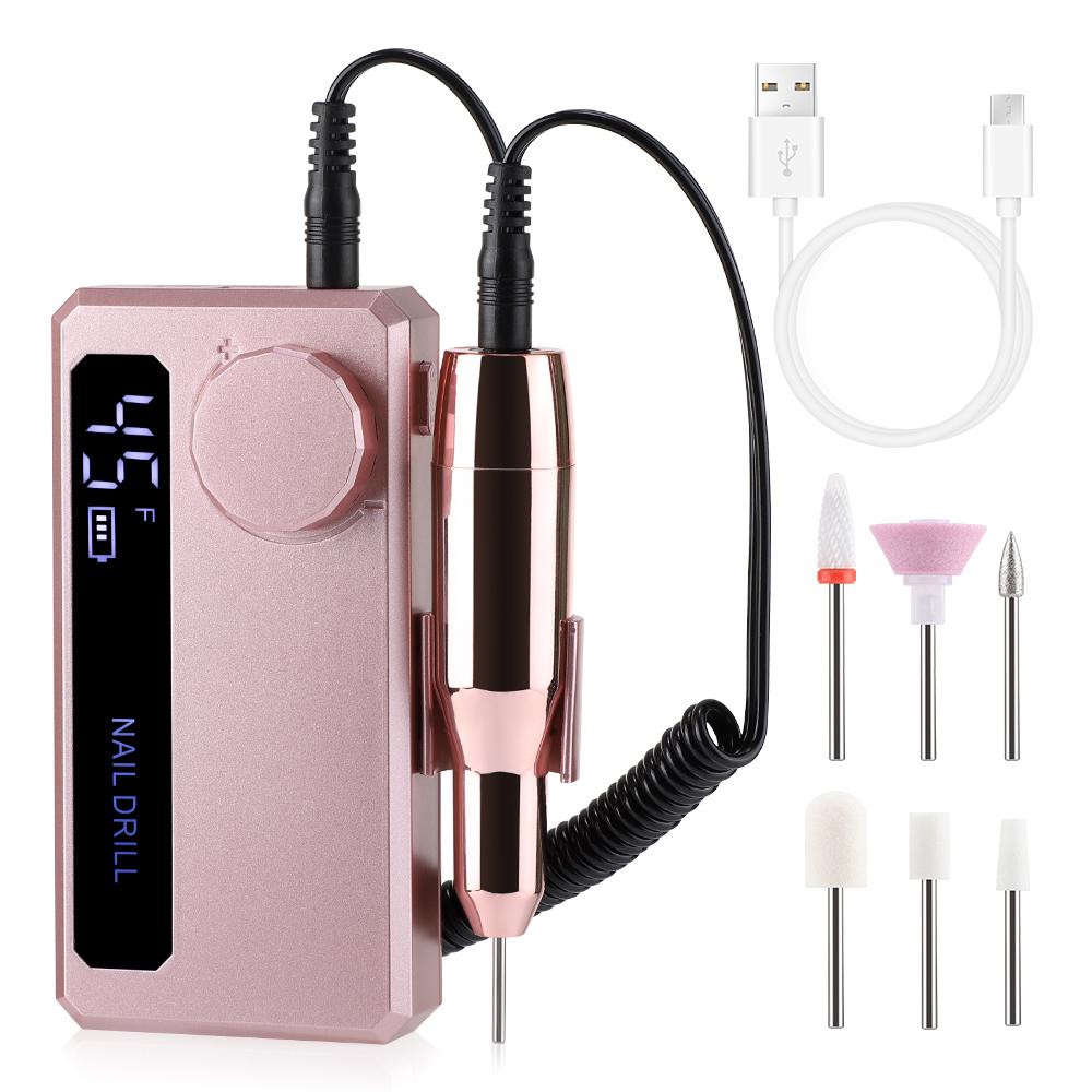 Portable Electric Nail Drills Machine Pro 4000mAh Long battery life 45000RPM Rechargeable Gel Nail Polishing File Manicure Tool розовый