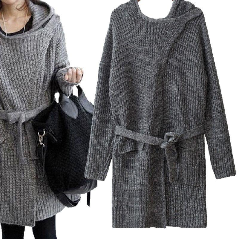 Korean autumn and winter women's clothing loose thick stick needle wool medium and long hooded thickened large sweater cardigan jacket