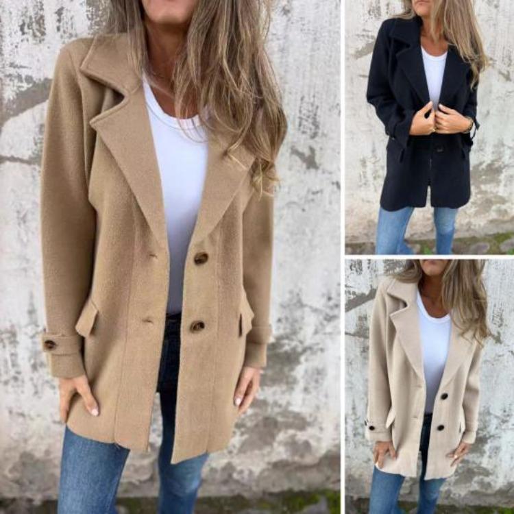 Women Solid Color Woolen Coat Mid-length Lapel Long Sleeve Single Breasted Outwear with Side Pockets Commuting Style