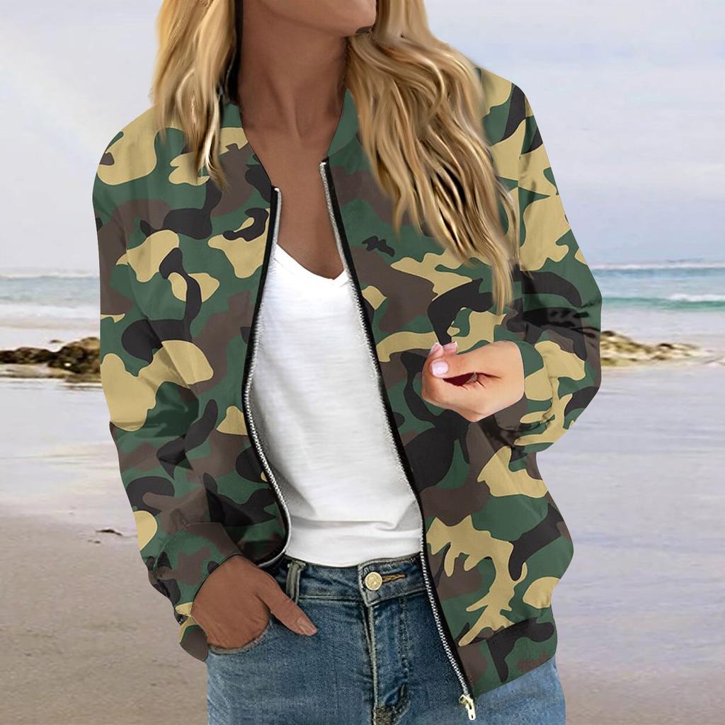 Damen Langarm Reißverschluss Camouflage Print Jacke Lässige Steppjacke mit Taschen