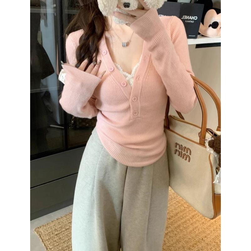 Herbst Winter V-Ausschnitt sexy Reißverschluss Pullover Slim Pullover Damen Einfarbig Mode Allround-Unterteil Stricktop