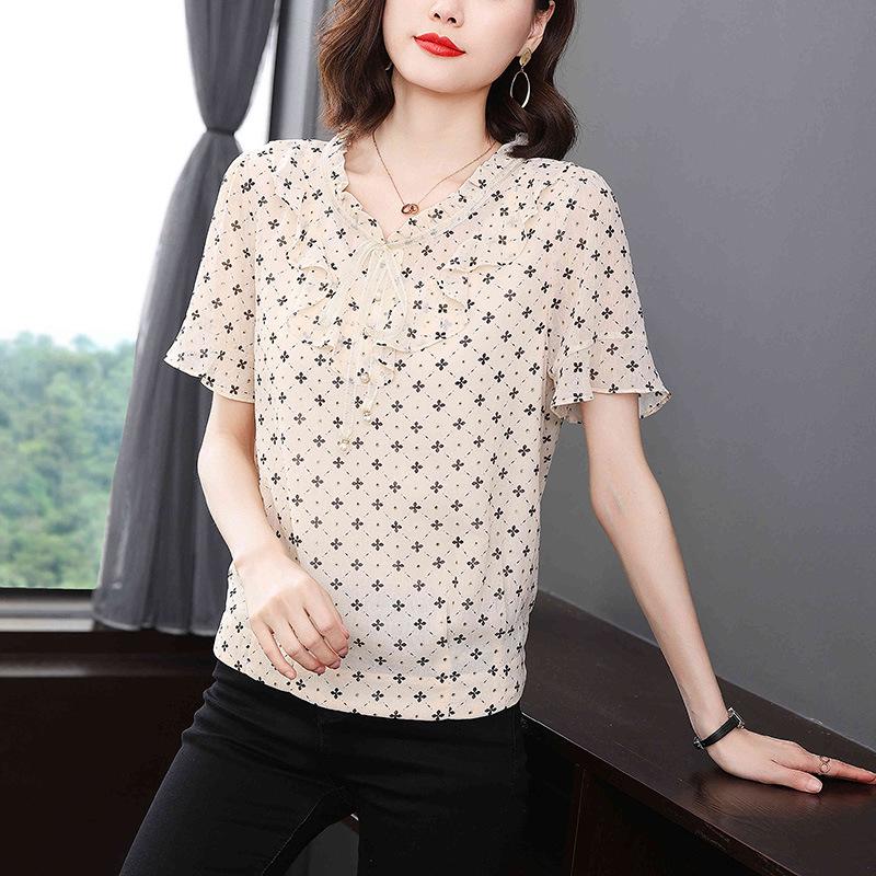 2023 Women's Plus Size Chiffon Blouse: Short Sleeve, Round Neck, Fashionable Printed Summer Top for Mom