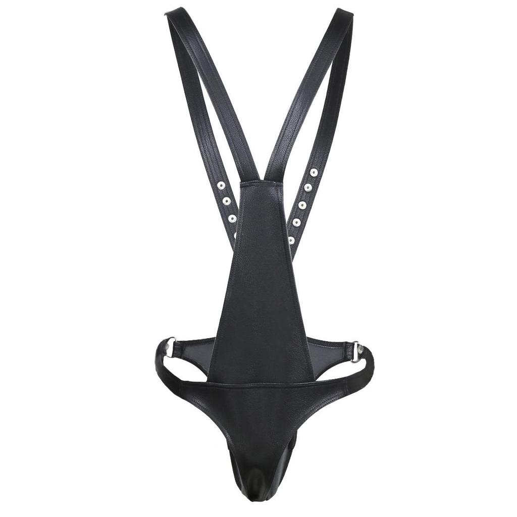 Men's SM Leather Double Shoulder Strap Pants with Erotic Birdcage Restraint