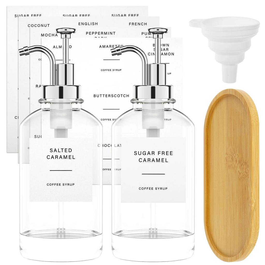 2Pcs Coffee Syrup Dispenser Set with Bamboo Tray Reusable Glass Syrup Bottle with Labels Funnel Clear Syrup Pump Dispenser