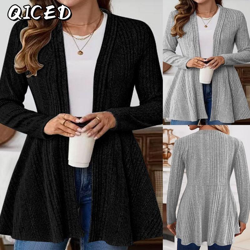 QICED Women's Vintage Casual Solid Color Print Long Sleeve Jackets & Coats