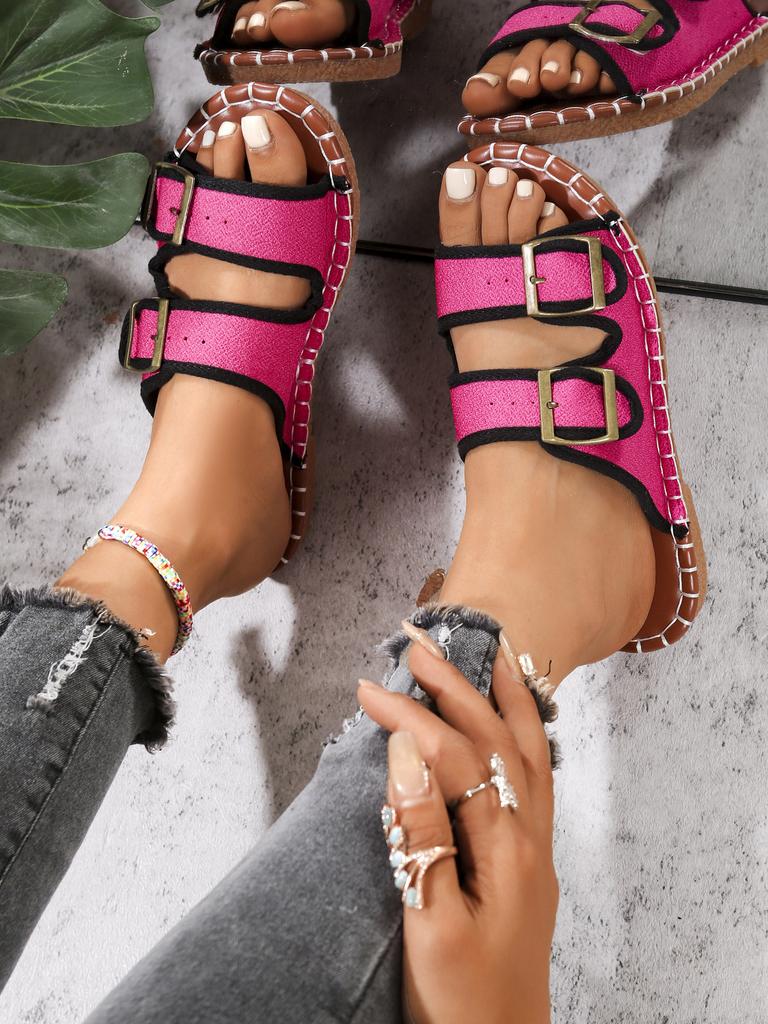 Slippers women's foreign trade spring and summer new round head soft bottom double buckle one-word outer wear beach cool slippers