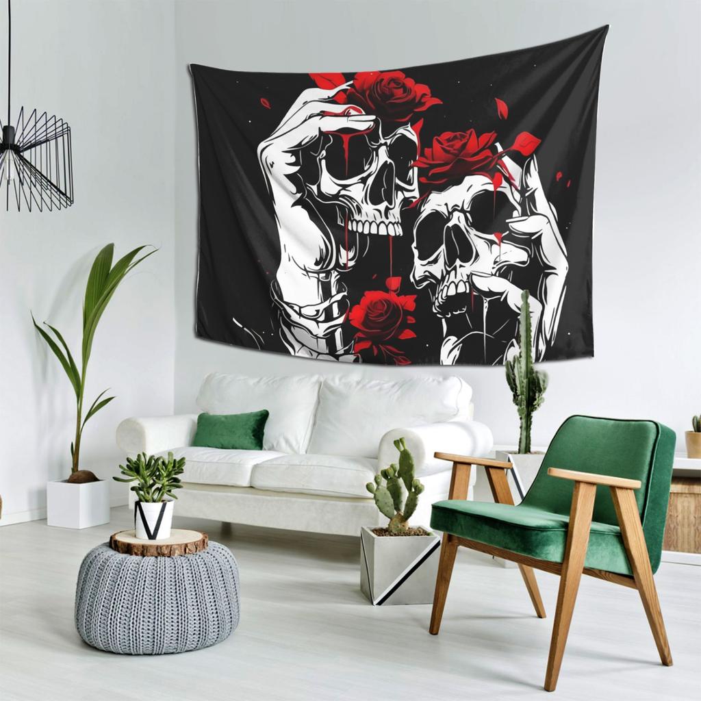 Skull and Roses Tapestry Celebrate Gothic Art with Bold Black and Red Design Perfect for Bedroom Living Room Decor