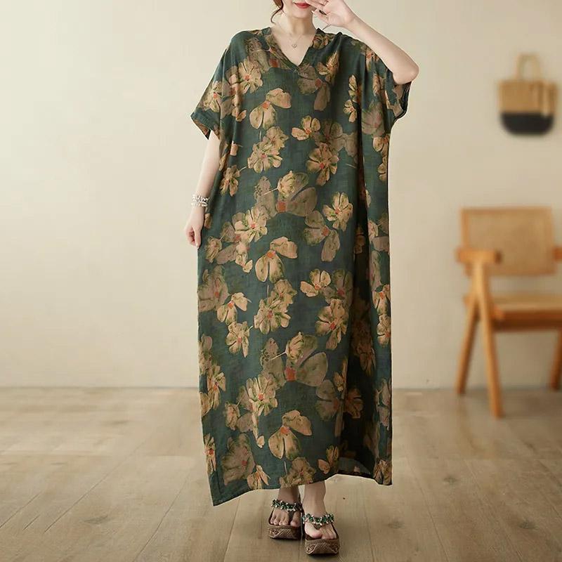 Oversized Dresses Summer Women Printing Loose Cotton Linen Long Dresses Large Hem Summer Women Long Dresses