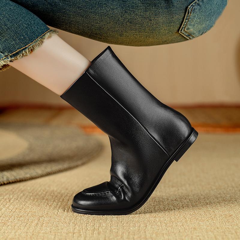 Fashion 2025 New Autumn/Winter Split Leather Women Boots Round Toe Flat with Heel Mid-calf Boots Modern Motorcycle Boots Ladies Shoes
