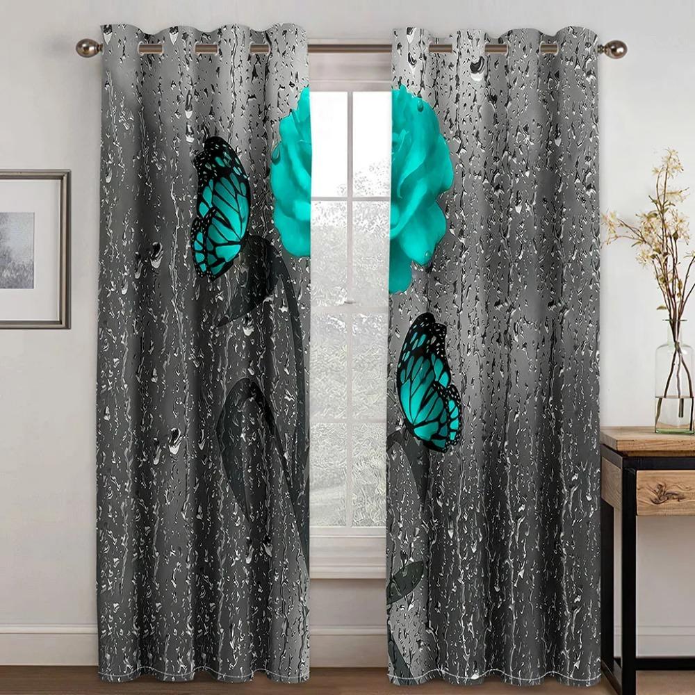 Modern Colorful Design Blue Butterfly Flower 2 Pieces Thin Shading Window Drape Curtains for Living Room Bedroom Home Decor Hook