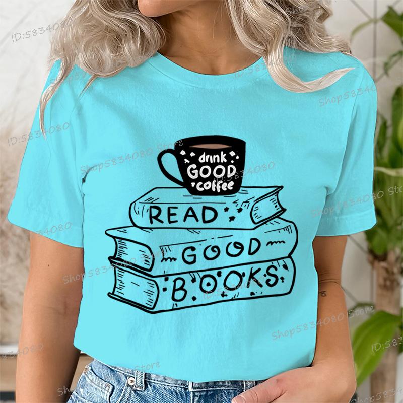 Casual Vintage Book Coffee T Shirt Women Trendy Bookish Short Sleeve Tshirt Book Lover Party Gift Coffee Lover Summer Clothes