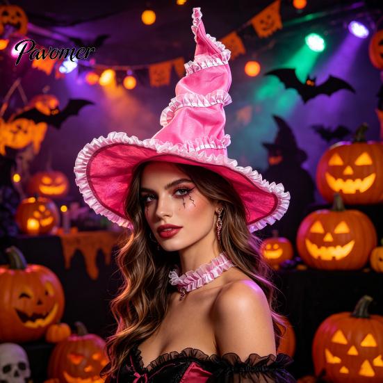 Retro-Stil Hexenhut Damen Großer Raffierter Hut, Halloween Filz Zauberer mit Rüsche/Blumen/Netz, Kostüm für Erwachsene Cosplay für Party, Maskenball Zubehör