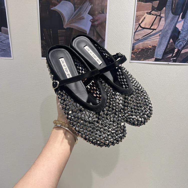 Super breathable~ Rhinestone golden fishing net bag head half slippers women's 2025 summer new thick-bottomed Mary Jane French sandals