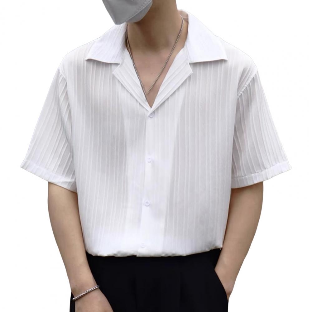 Spring Men Shirt Turn-down Collar Striped V Neck Loose Single-breasted Solid Color Baggy Loose Soft Breathable Short Sleeves Mal