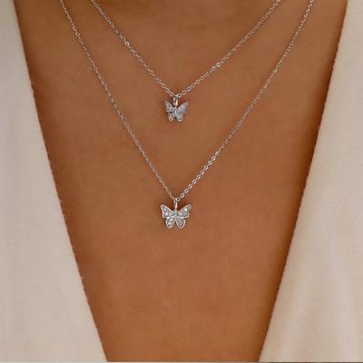 Double Butterfly Necklace Jewelry Simple Small Diamond Design Pendant Temperament Fashionable Collarbone Chain Woman