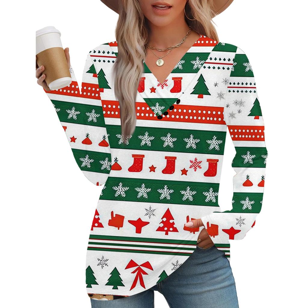 Women's Fashion Casual V-neck Pleated Christmas Long Sleeve Top