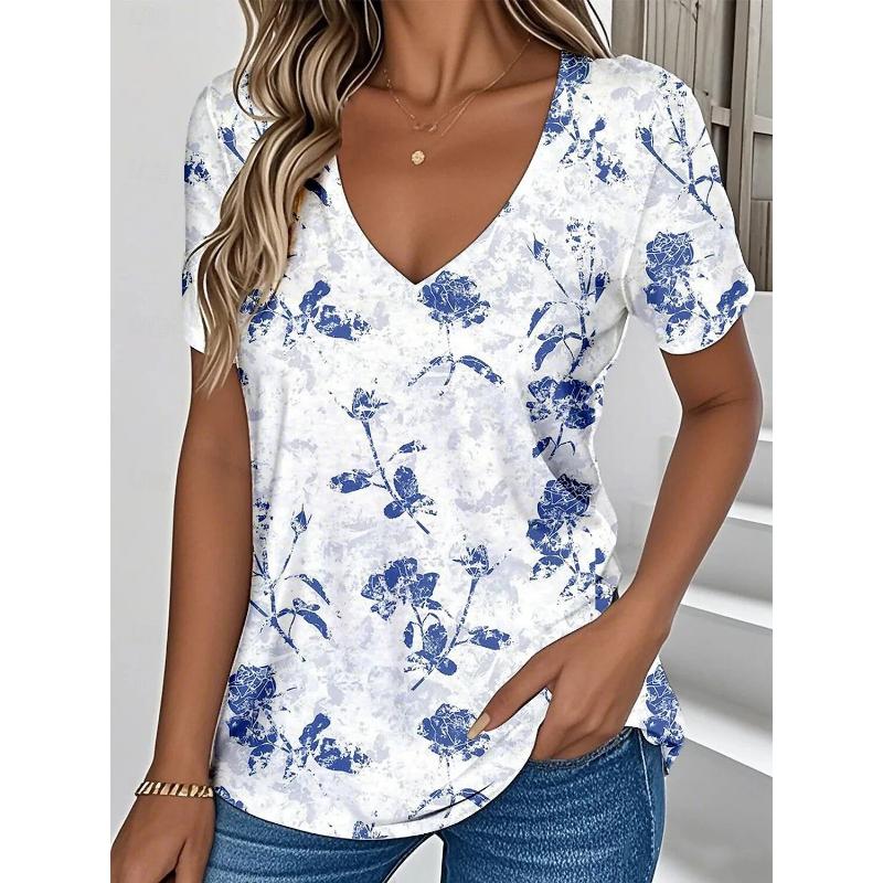 

Women s Summer T-Shirt Plant Flower Print Retro Fashion Casual Short-Sleeved Street Oversized V-Neck Women s Clothing XL
