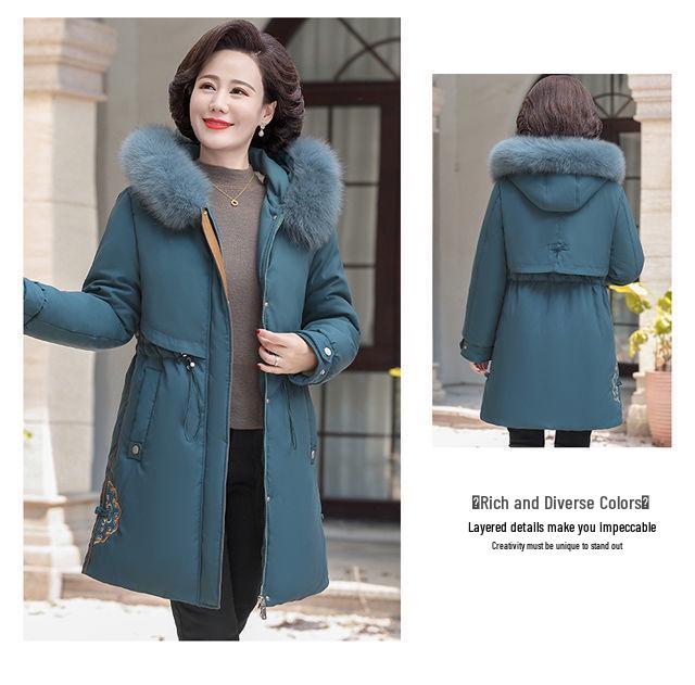 Mom's Mid-Length Autumn Winter Down Cotton Coat - New Style Plus Velvet for Middle-Aged & Elderly Women