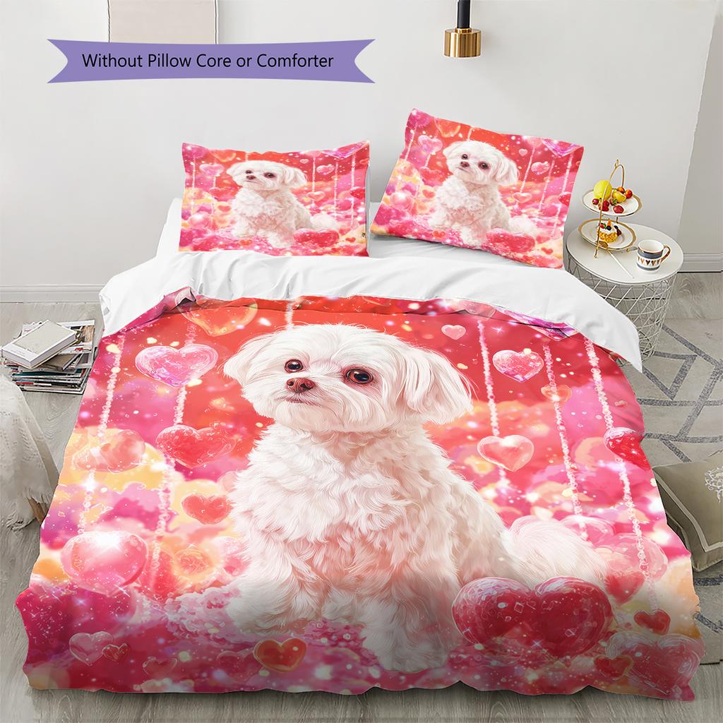 Pink Maltese Pattern Bedding Home Decoration Birthday Gift (1 * duvet cover + 2 * pillowcase, without core)