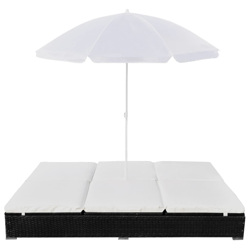 Outdoor Lounge Bed with Sun Umbrella Poly Rattan Black