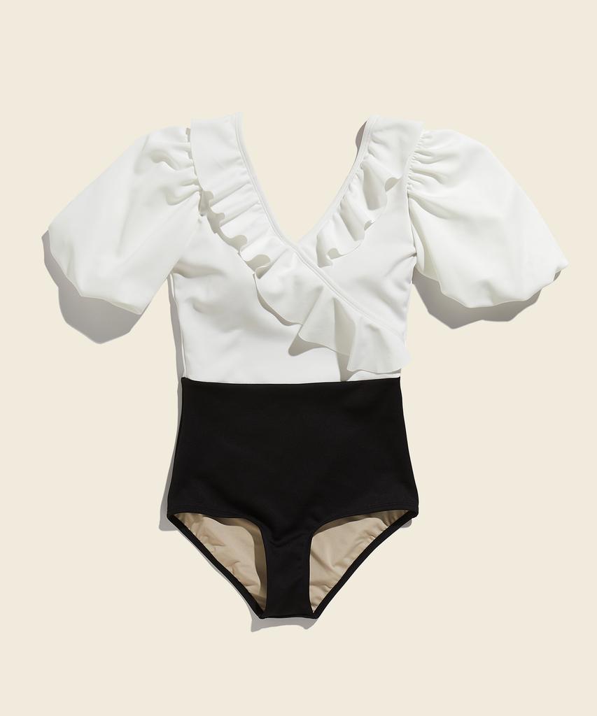 Lupeulupeu Olivia Frill Wrap Puff Sleeve Monokini [Black & White]