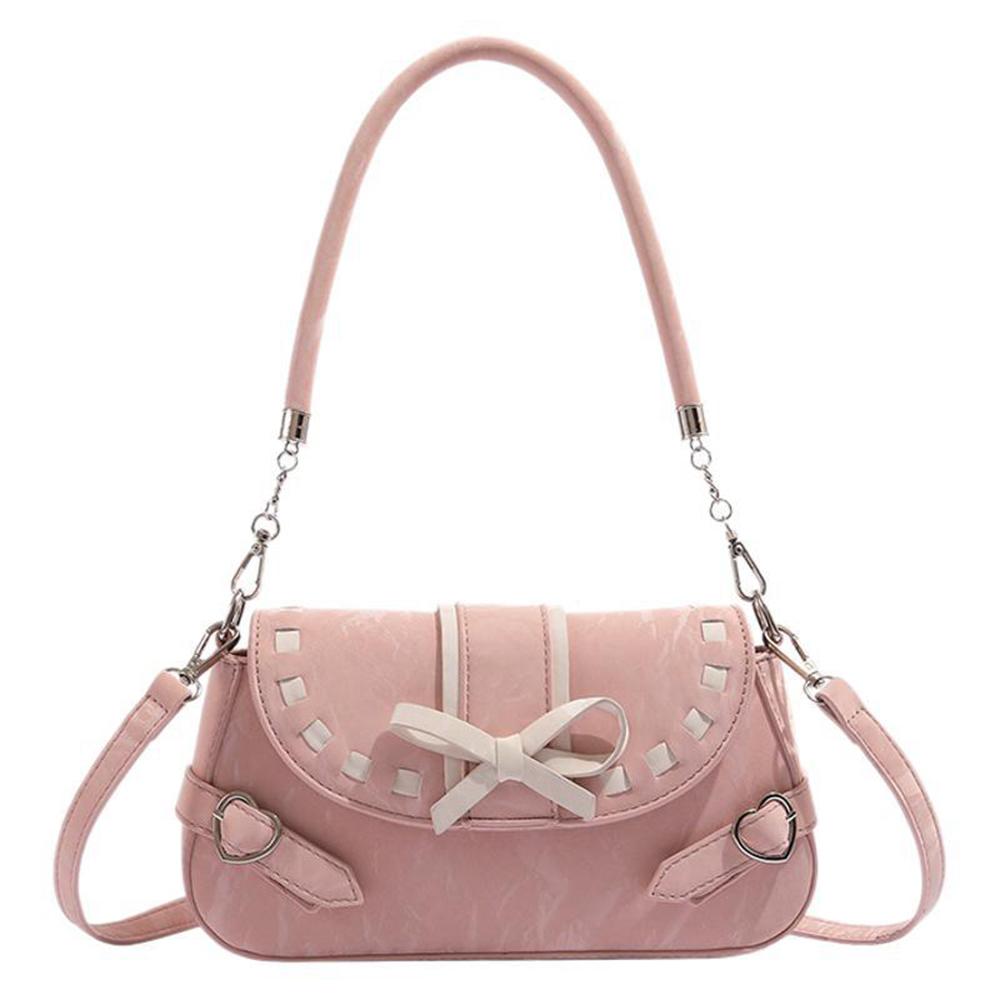 Pink White Ctrast Soft Leather Handbag PU Crossbody Bow Decorated Underarm Purse Sweet Style Women Pack Fashi Daily Bag