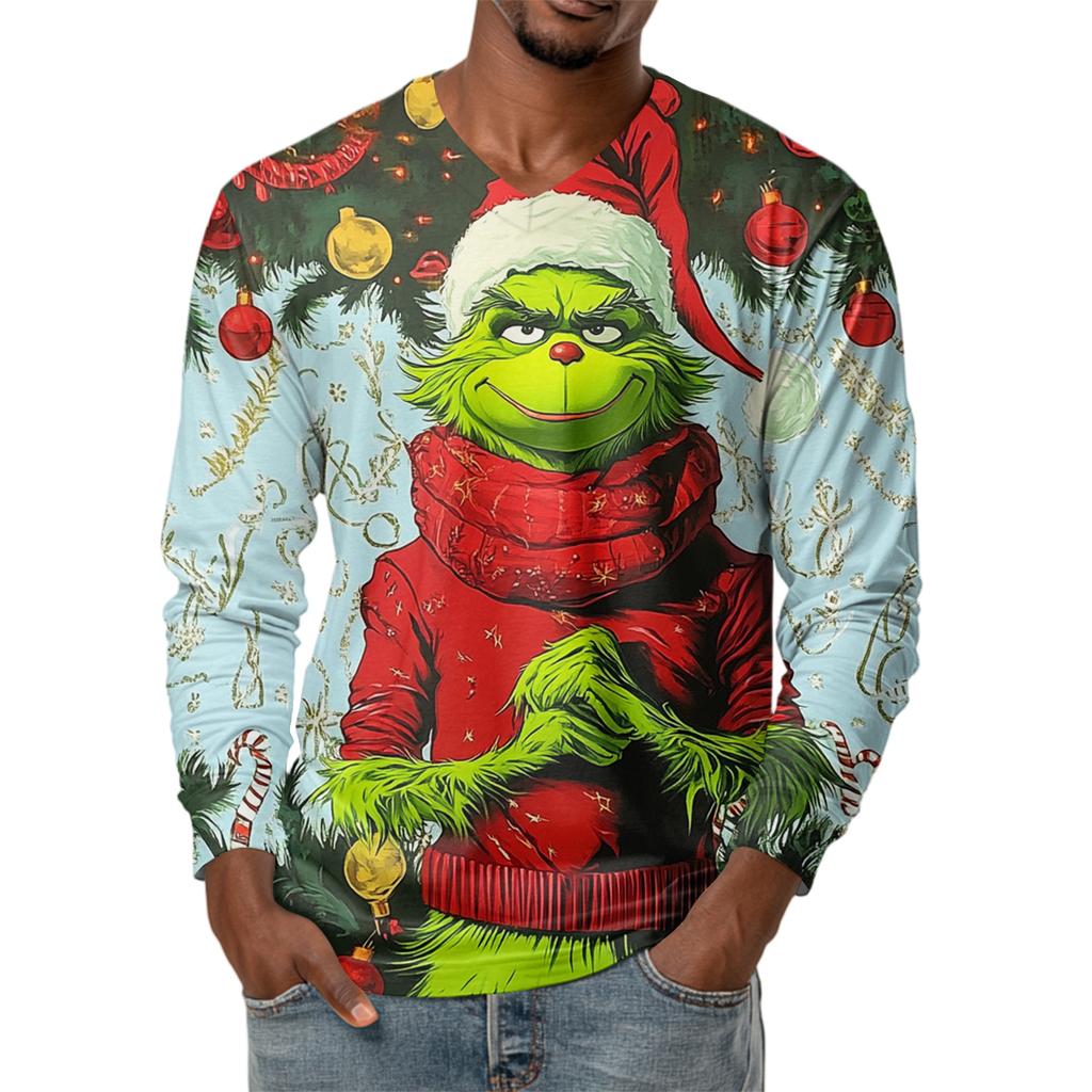 Men's Fashion Printed V-Neck Casual Long-Sleeved T-Shirt Bottoming Shirt Top