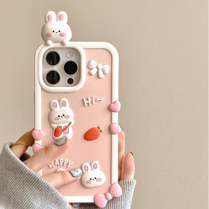 Cartoon Cute Pink Rabbit Soft Silicone Phone Case For iPhone 13 14 15 16 17 Pro Max Shockproof Back Cover Shell
