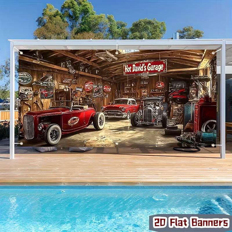 Garage Hot Rods Toile de fond Magasin de Voitures Classiques Américaines Rétro Fond Photo