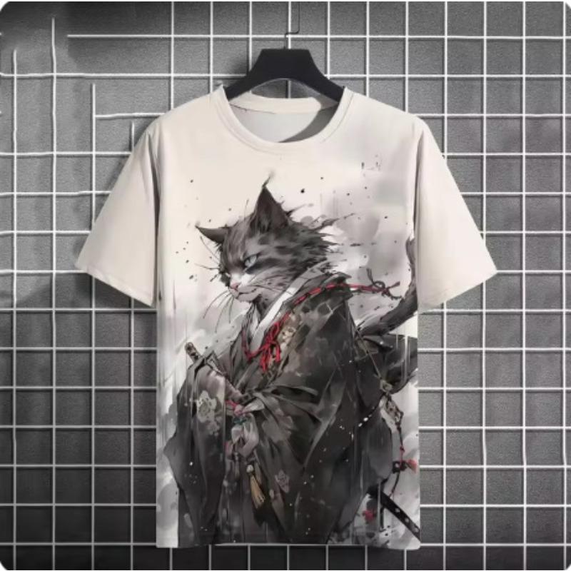 Fashionable Casual Cool Warrior Cat Pattern T-shirt Summer Men Fun Hip-hop Harajuku Street Animal Print Casual Short Sleeved T-shirt