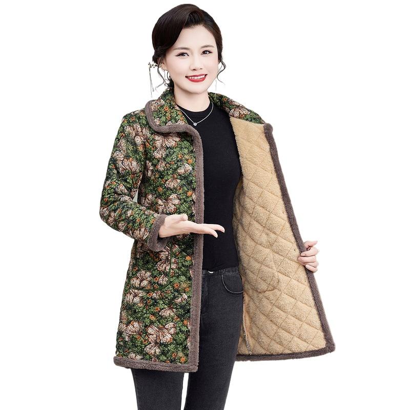 Women's Winter Clothing New Middle Aged and Elderly Cotton Jacket with Velvet and Cotton Warmth Top Coat Medium Length Cotton Jacket