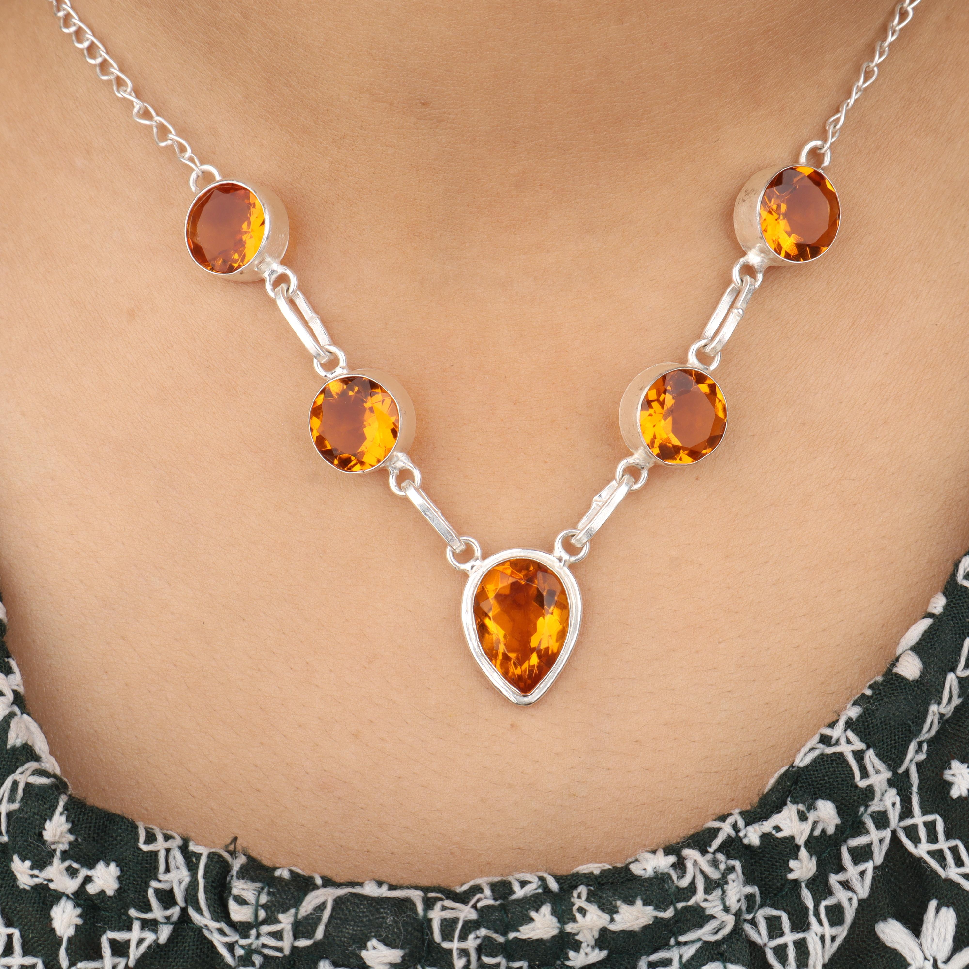 

Natural Citrine Gemstone Silver Necklace 16-18 925 Sterling Silver Handmade Jewelry For Wedding RN-3-3
