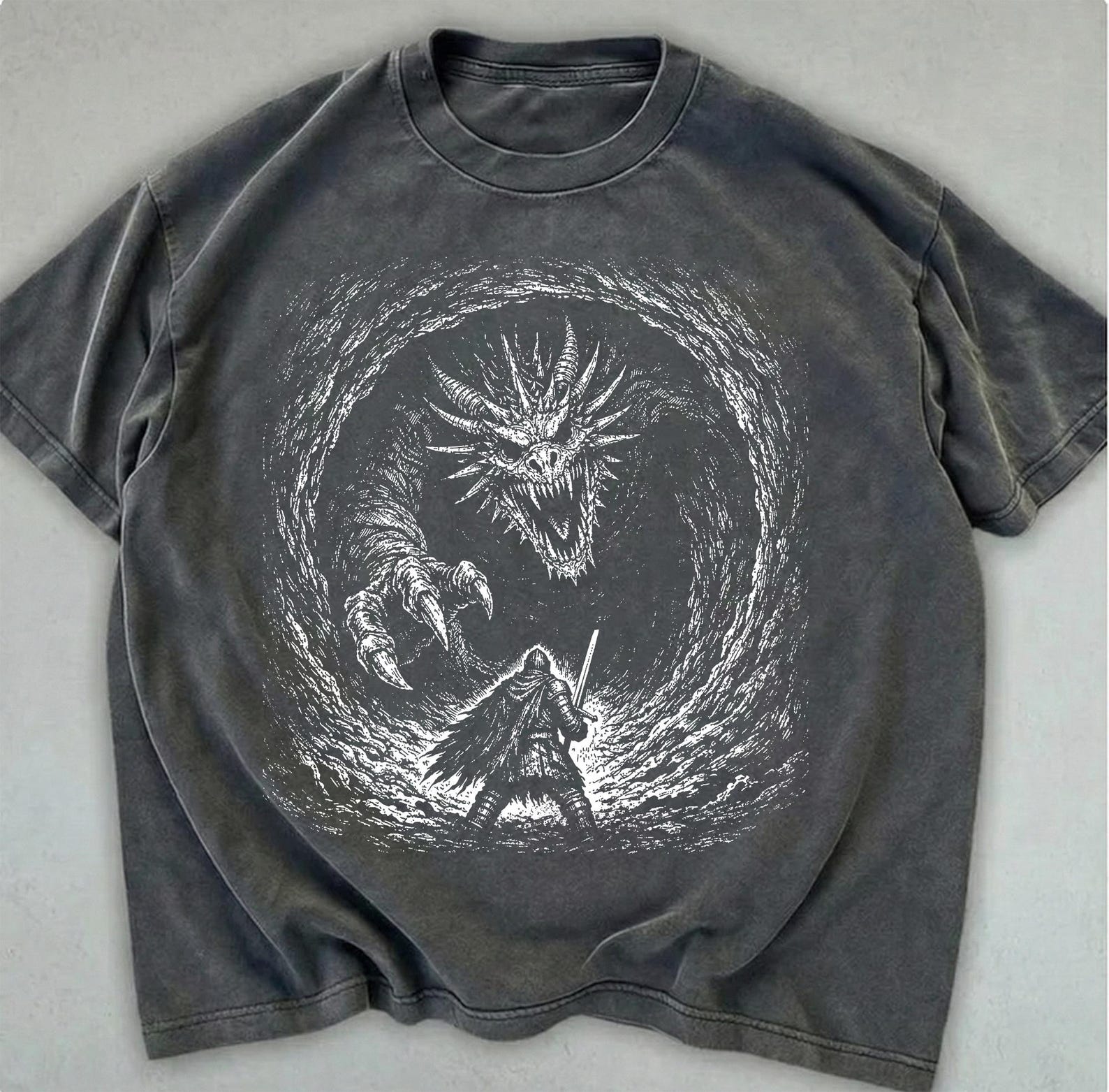 Fantasy Knight vs Dragon T-Shirt, Medieval Graphic Tee, Dark Fantasy ArT-Shirt L
