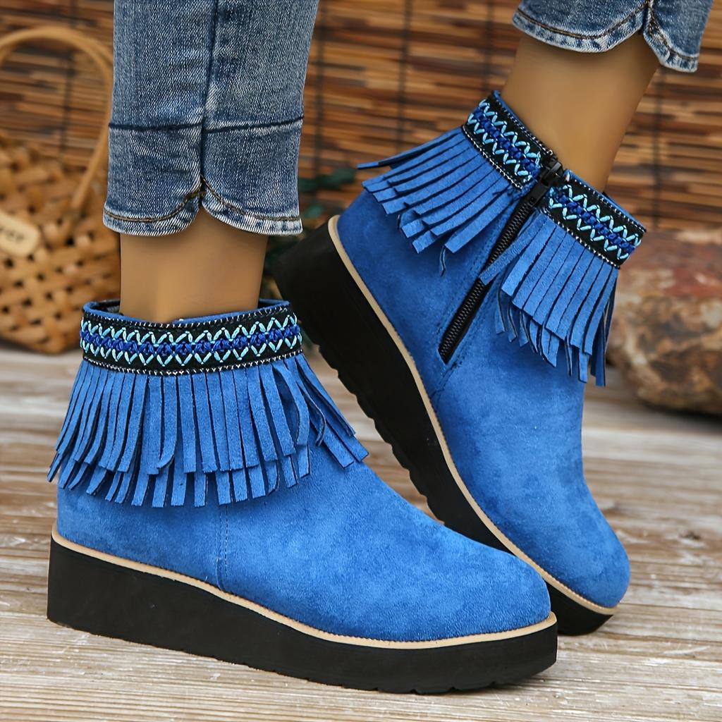 Autumn and Winter New Fringed Boots Women's Fashion Platform Small Wedge Boots Frosted Suede Round-toe Booties