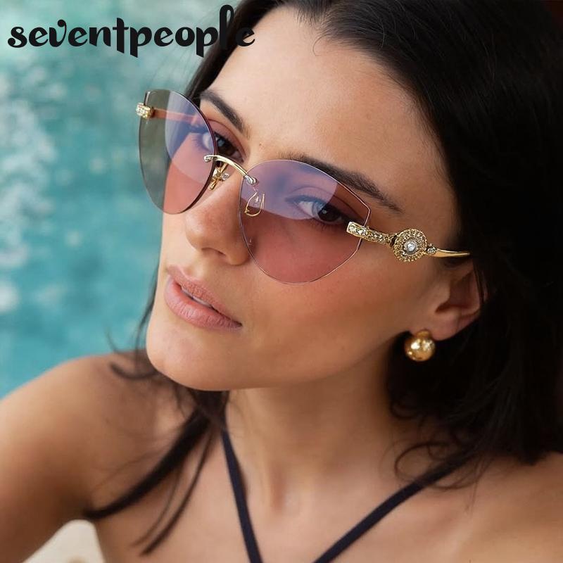 Trendy Cat Eye Frameless Sunglasses Women  Luxury Brand Y2K Punk Metal Cateye Sunglass Vintage Rimless Eyewear For Ladies