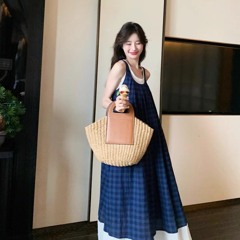Blue plaid sleeveless dress French literary style Mori retro small fresh holiday suspender vest long dress