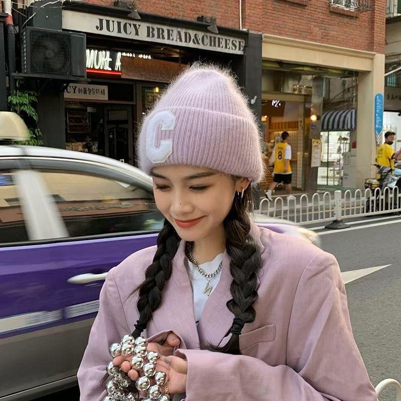 

New big C standard rabbit hair wool hat women s autumn and winter versatile thickened thermal hat ear protector head knitted hat tide Adult (56-58cm) синій